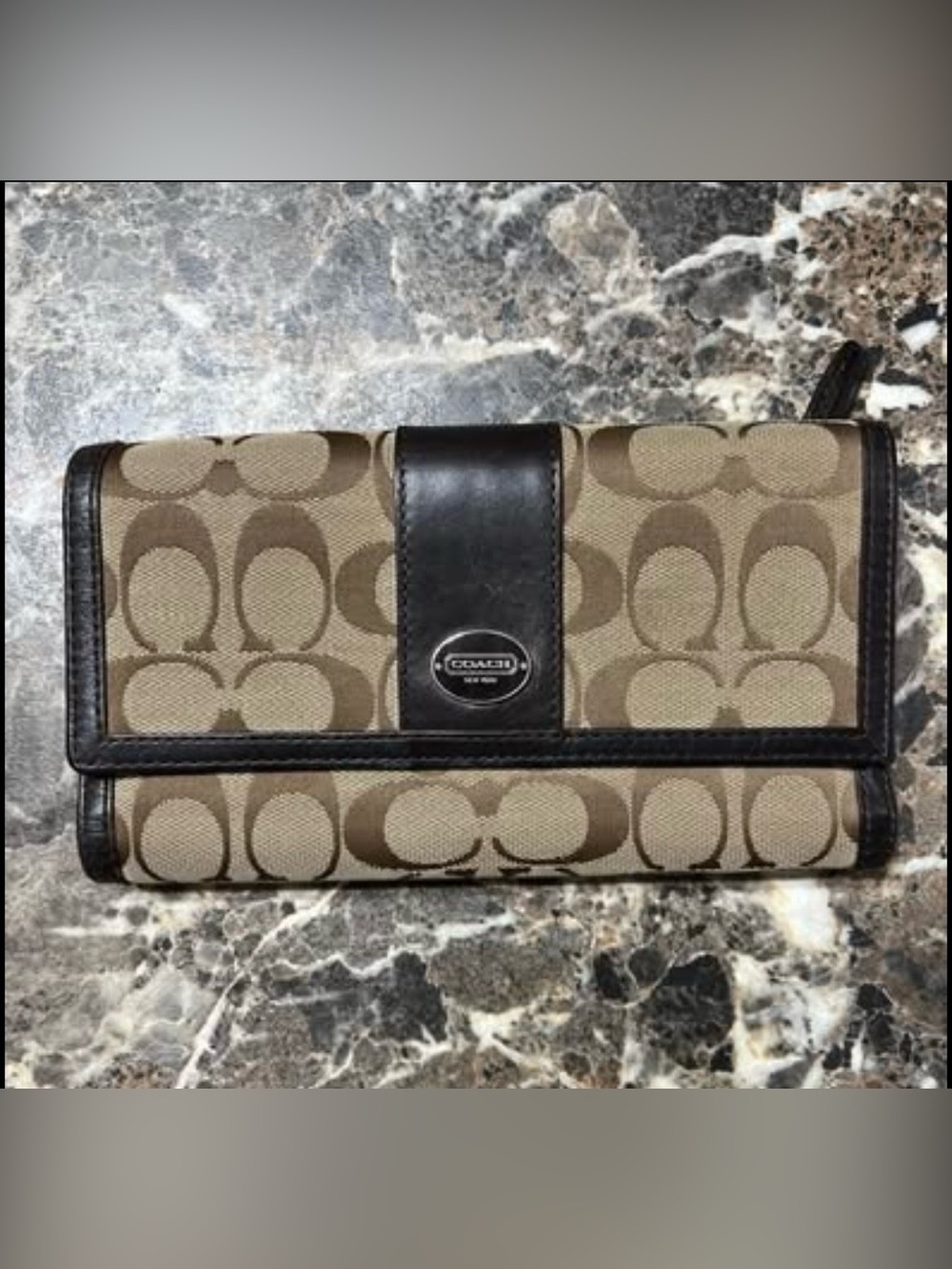 Coach Brown Signature Canvas Continental Wallet with Black Trim